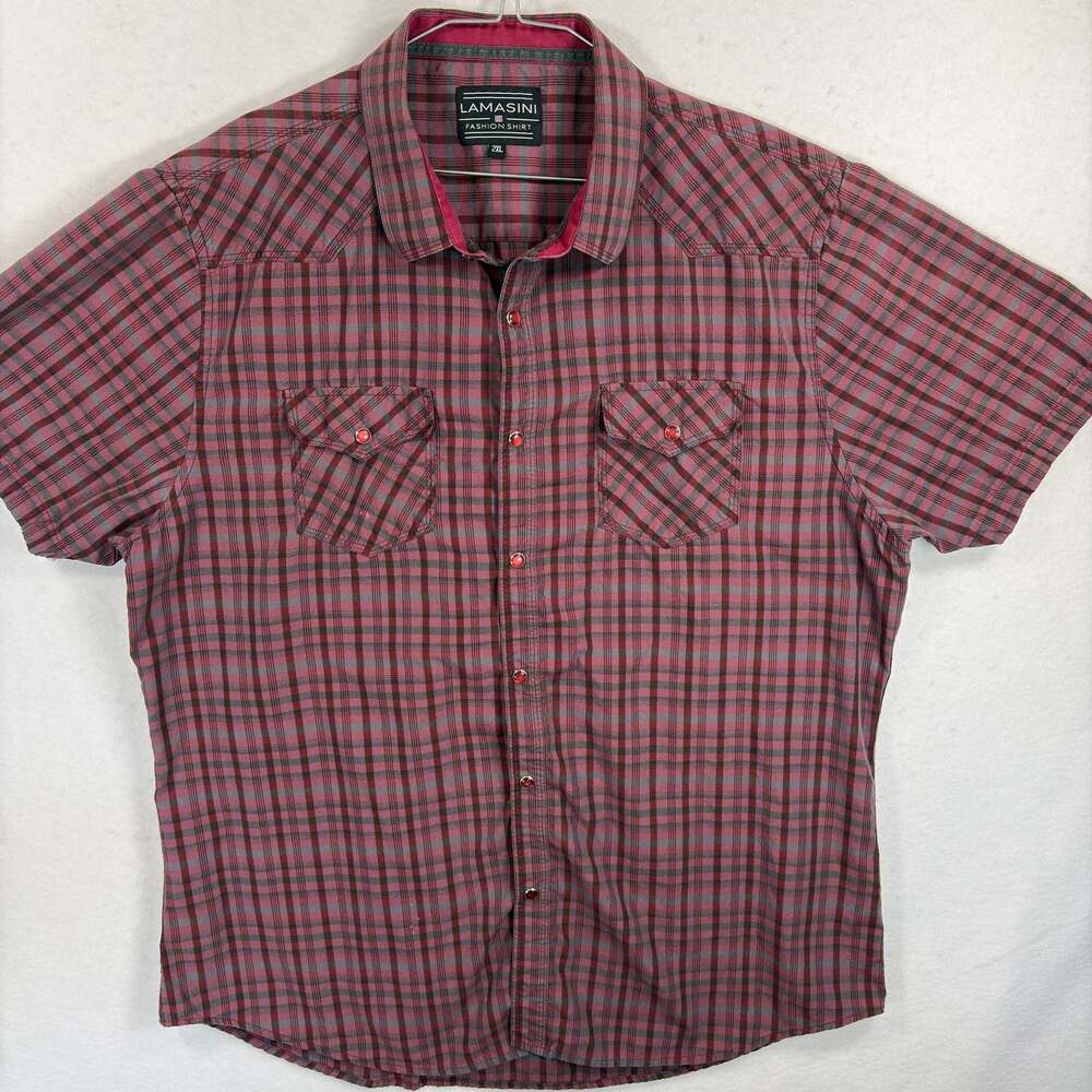Lamasini Western Shirt Mens 2XL Burgundy Plaid Short Sleeve Snap Shirt